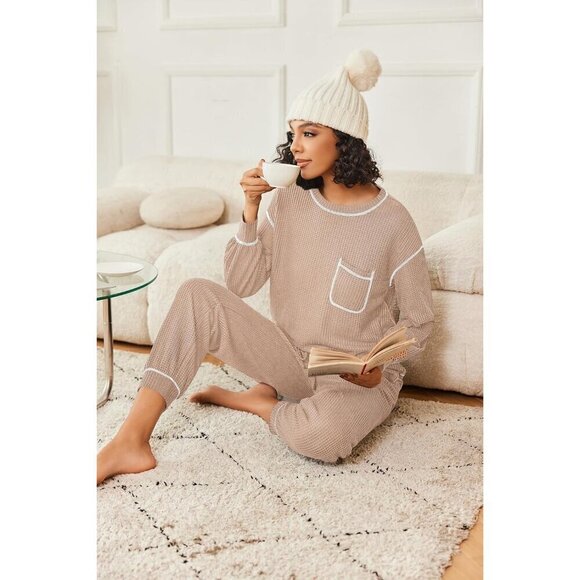 Women Cream Pajamas Set Waffle Knit Long Sleeve Lounge Set 2 Piece Pj Loungewear - Picture 4 of 6
